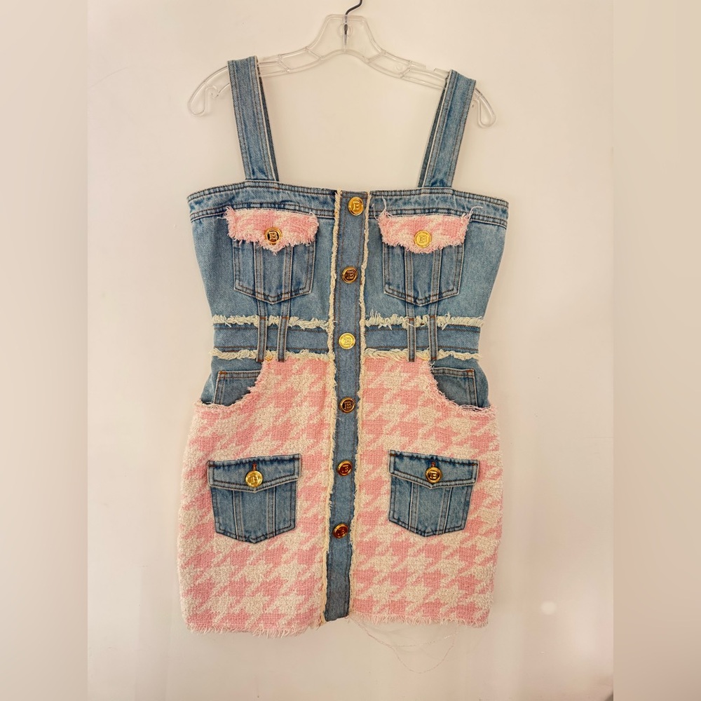 Balmain Paris Denim & Pink Tweed Houndstooth Mini Dress with Gold Buttons - Picture 9 of 13